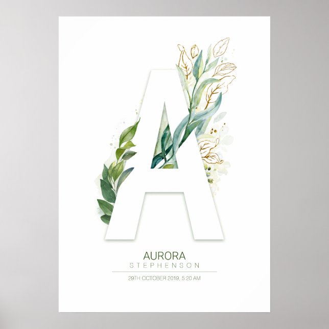 Ett bokstavsmonogram guld grönska löv Chic Poster (Framsidan)