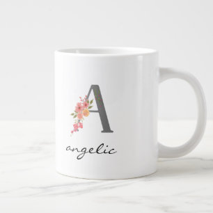Ett brevbokstavs silvermonogram blommigt rött lila jumbo mugg