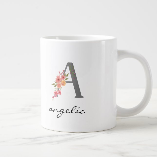 Ett brevbokstavs silvermonogram blommigt rött lila jumbo mugg (Höger)