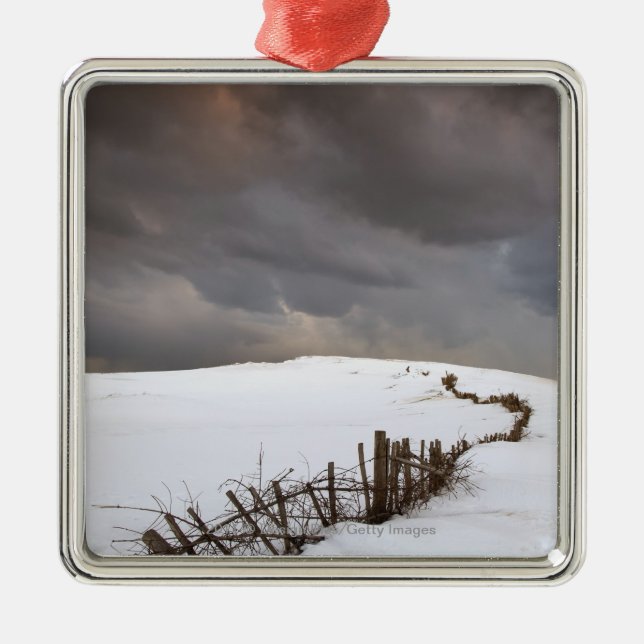 Ett brutet staket Along ett snö täckt fält Julgransprydnad Metall (Framsidan)