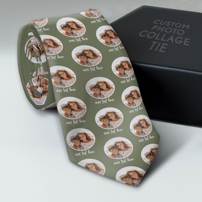Ett cirkelfoto med text - grått-grönt slips (Photo Collage Neck Tie - Add Your Favorite Photos)
