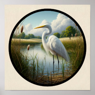 Ett cirkulärt 3D-bild av en vacker ägretthäger Poster
