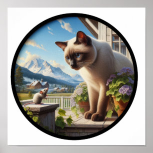Ett cirkulärt 3D-bild av en vacker siamesisk katt Poster