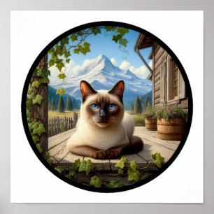 Ett cirkulärt 3D-bild av en vacker siamesisk katt Poster