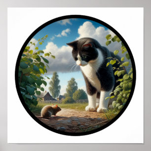 Ett cirkulärt 3D-bild av en vacker Tuxedo-katt Poster