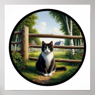 Ett cirkulärt 3D-bild av en vacker Tuxedo-katt Poster