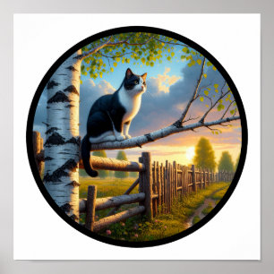 Ett cirkulärt 3D-bild av en vacker Tuxedo-katt Poster