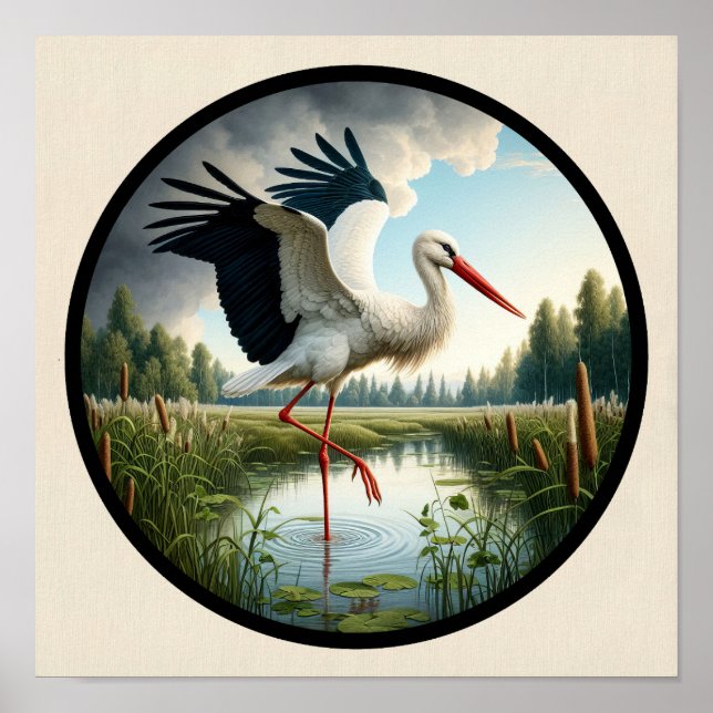 Ett cirkulärt 3D-bild av en vacker vit stork Poster (Framsidan)