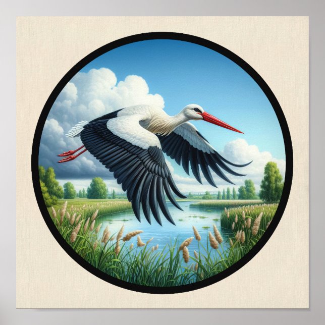 Ett cirkulärt 3D-bild av en vacker vit stork Poster (Framsidan)