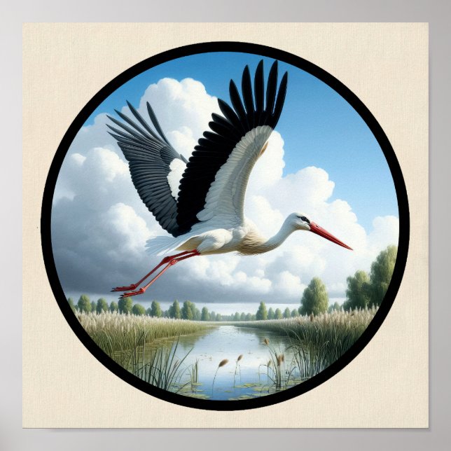 Ett cirkulärt 3D-bild av en vacker vit stork Poster (Framsidan)