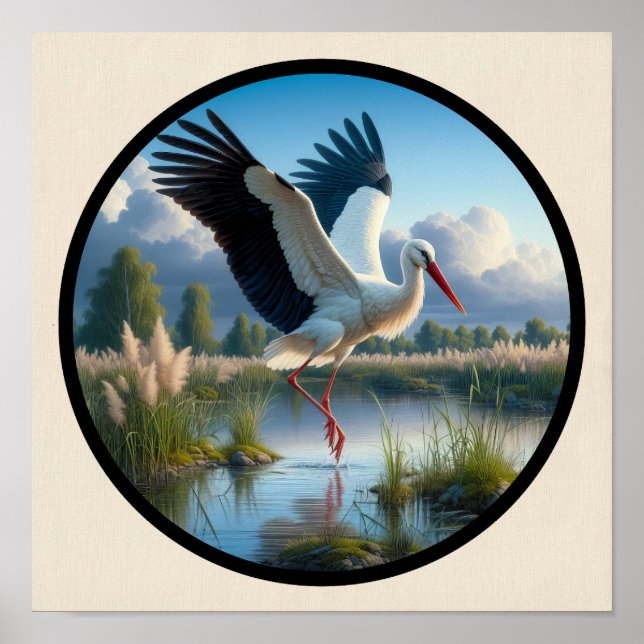 Ett cirkulärt 3D-bild av en vacker vit stork Poster (Framsidan)