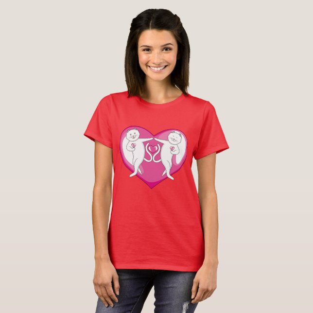 Ett Cute White Cat par dansar med Kärlek T Shirt (Hel framsida)
