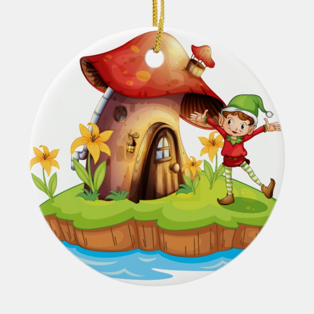 Ett dvärg- utanför ett champinjonhus julgransprydnad keramik (Framsidan)