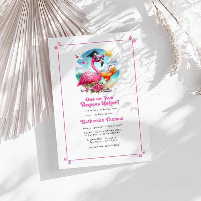 Ett eller Två Grader Varmare Ljusrosa Flamingo Gra Inbjudningar (One or Two Degrees Hotter Hot-Pink Flamingo Grad Invitation)