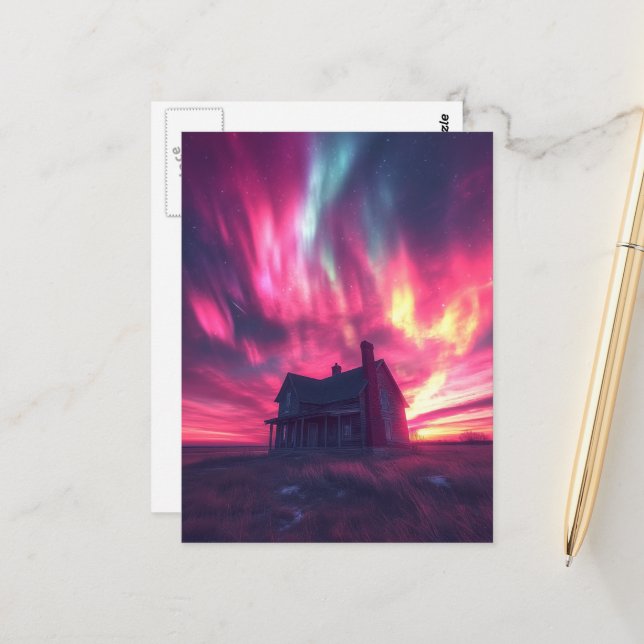 Ett enda hus med rosa norra himmel vykort (Fram/Back In Situ)