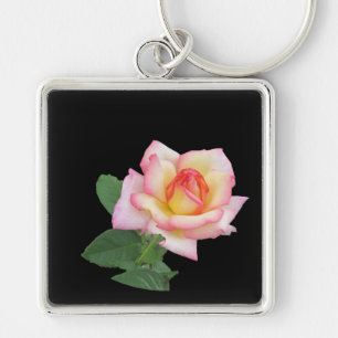 Ett enda Rosa ros Fyrkantig Silverfärgad Nyckelring