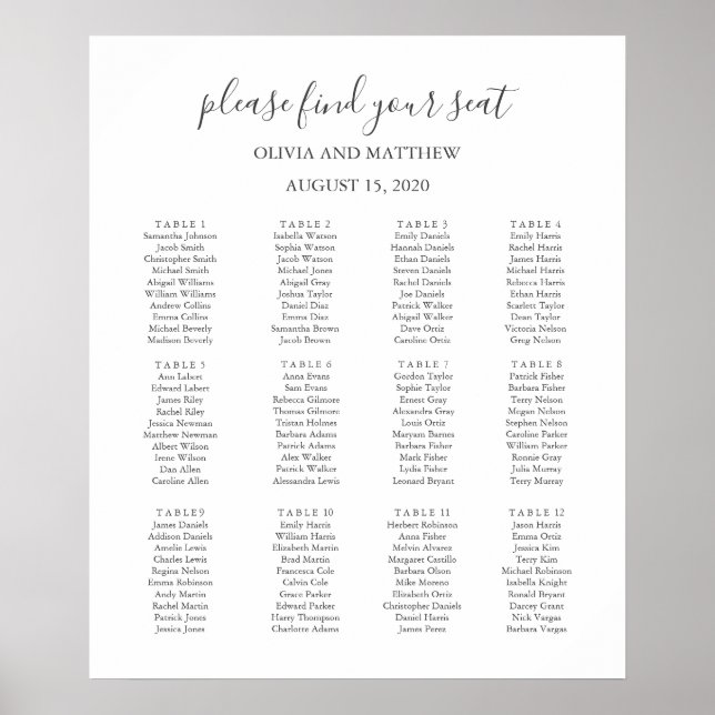 Ett enkelt formellt, vitt och svart bröllop-sätesd poster (Framsidan)