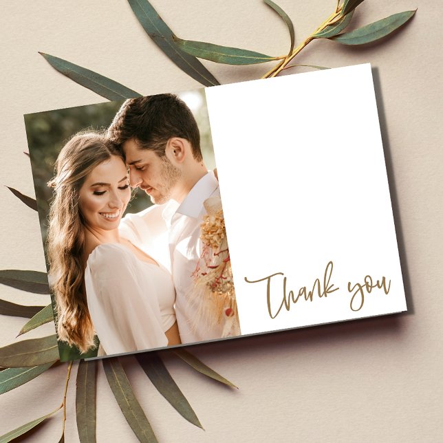 Ett enkelt Guld-skript Photo Bröllop-tackkort Kort (Simple Gold Script Photo Wedding Thank You Card)
