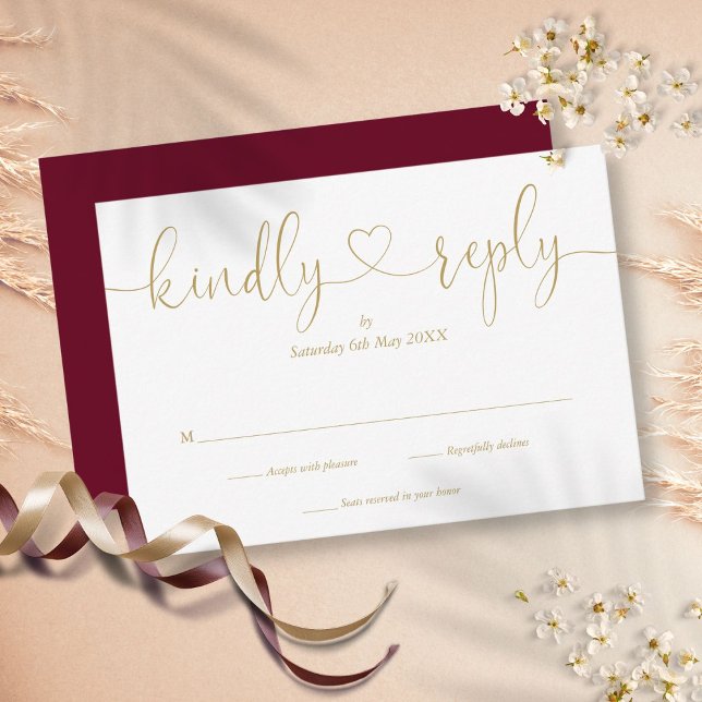 Ett enkelt svar på Burgundy och Guld-skript. (Simple Burgundy And Gold Script Heart Kindly Reply RSVP Card)