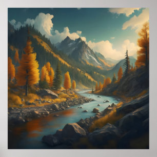 ett falllandskap med träd, berg och ett lopp poster