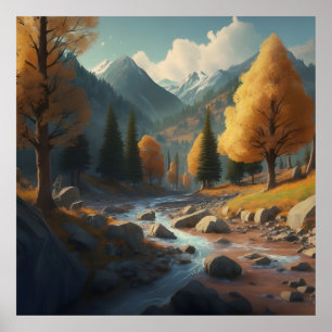 ett falllandskap med träd, berg och ett lopp poster
