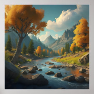 ett falllandskap med träd, berg och ett lopp poster