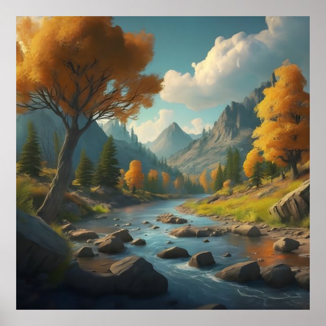 ett falllandskap med träd, berg och ett lopp poster (Framsidan)