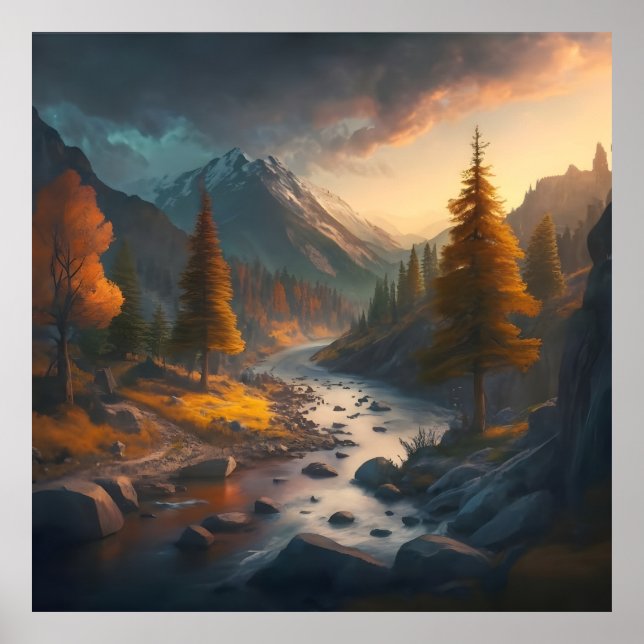 ett falllandskap med träd, berg och ett lopp poster (Framsidan)