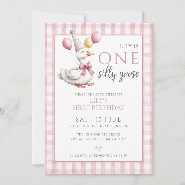 Ett Fånig går på Foose Rosa Girl Girl 1 Birthday P Inbjudningar (Framsida)