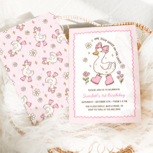 Ett Fånig går Rosa Bow Blommigt 1:a födelsedagen Inbjudningar