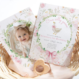 Ett Fånig går Rosa Bow Girl 1:a födelsedagen Inbjudningar