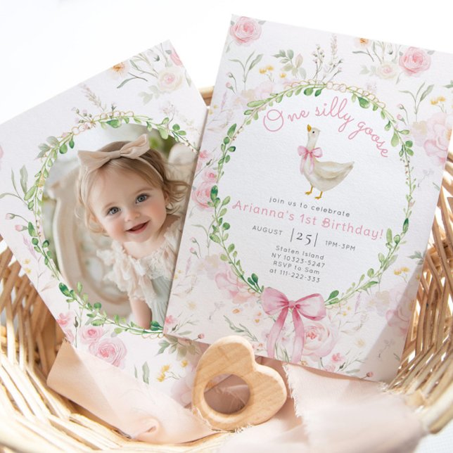Ett Fånig går Rosa Bow Girl 1:a födelsedagen Inbjudningar (Skapare uppladdad)