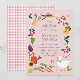 Ett Fånig går Rosa Farmer Garden Theme Birthday Inbjudningar