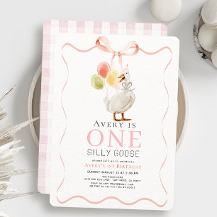 Ett Fånig går Rosa Ribbon Girl 1 Birthday Inbjudningar