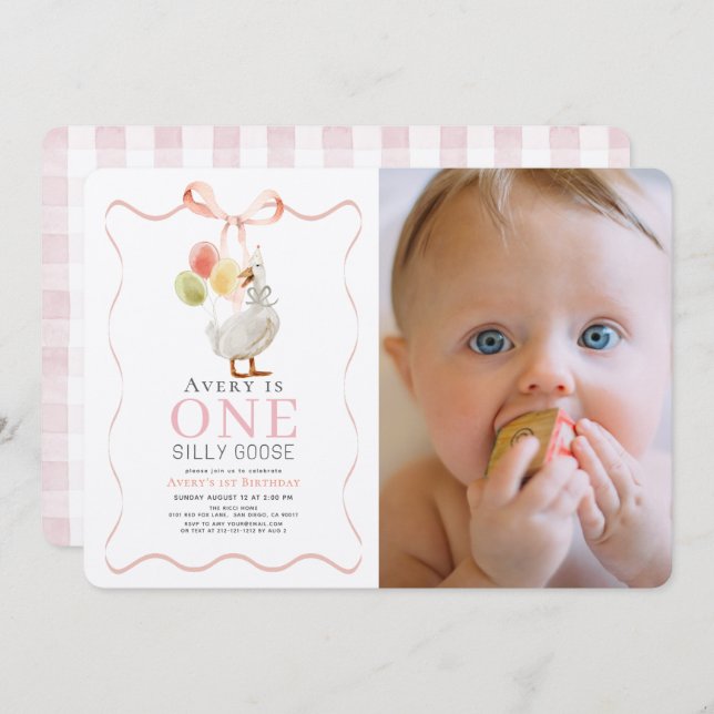 Ett Fånig går Rosa Ribbon Photo 1 födelsedag Inbjudningar (Fram/baksida)