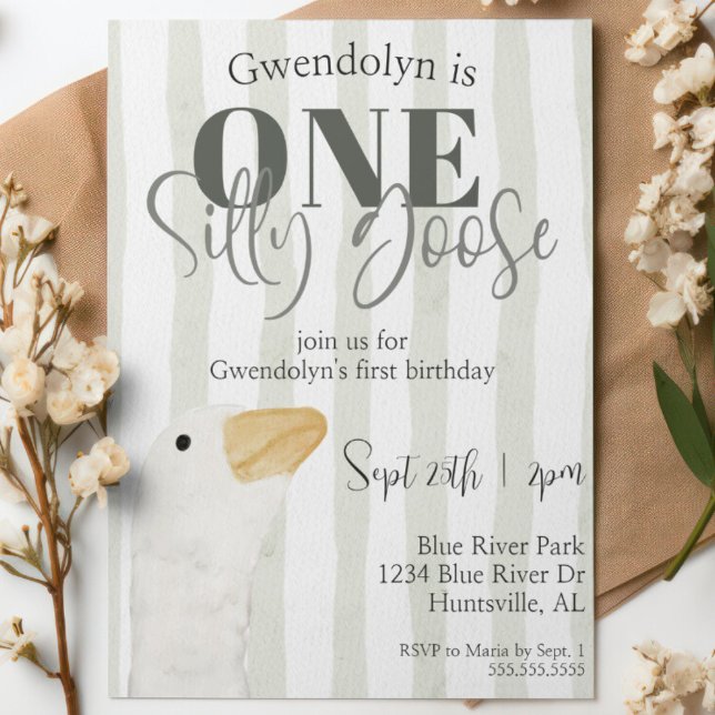 Ett Fånig går ut i matvattenfärg 1:a födelsedagen  Inbjudningar (One silly goose first birthday party invitation cute watercolor boy or girl 1st bday party  green)