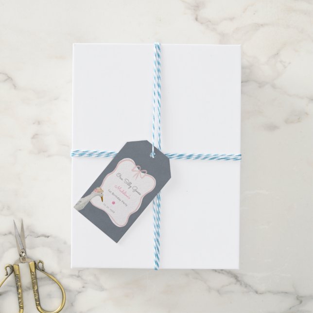 Ett Fånig gick Rosa Bow 1:a födelsedagen Party Presentetikett (Med Snöre)