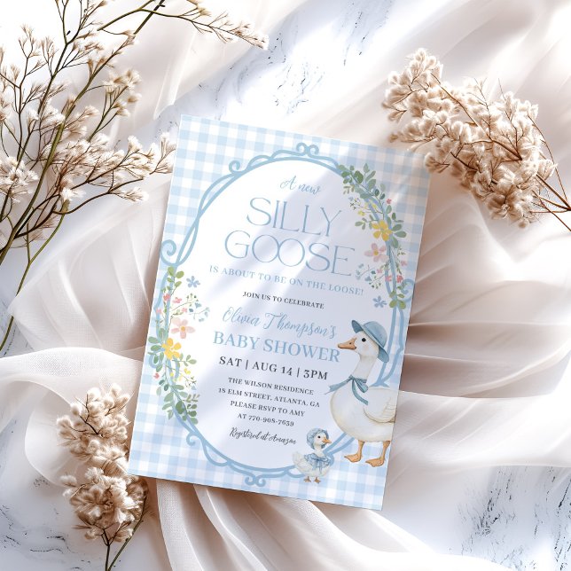 Ett Fånig Goose Baby Shower Blue Gingham Inbjudningar (Skapare uppladdad)