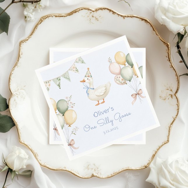 Ett Fånig Goose Balloons Boy 1st Birthday Pappersservett (Skapare uppladdad)