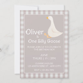 Ett Fånig Goose Beige Gingham Första Födelsedagsfe Inbjudningar