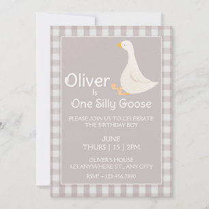Ett Fånig Goose Beige Gingham Första Födelsedagsfe Inbjudningar