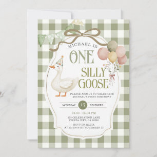 Ett Fånig Goose Birthday Sage Grönt Gingham Inbjudningar
