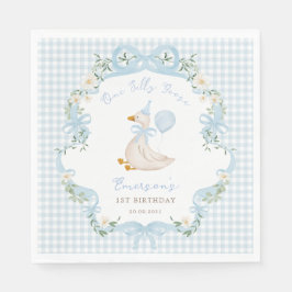 Ett Fånig Goose Blue Bow Gingham 1:a födelsedagen Pappersservett