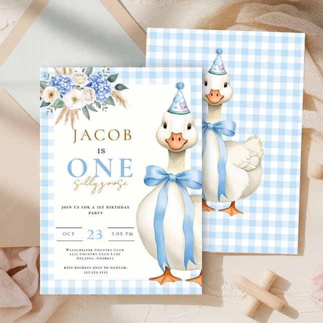 Ett Fånig Goose Blue Gingham Boy 1st Birthday Inbjudningar (Skapare uppladdad)