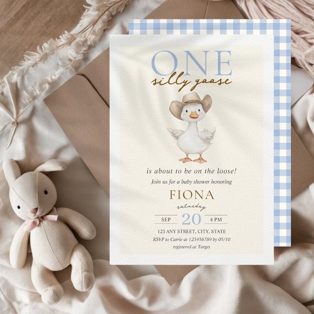 Ett Fånig Goose Blue Gingham Boy Shower Inbjudningar (One Silly Goose Blue Gingham Baby Shower Invitation Cute Farm Animals )