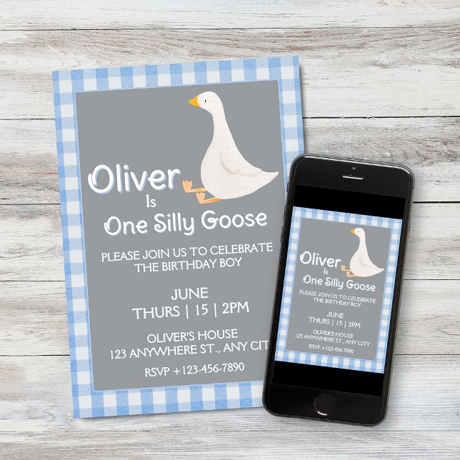 Ett Fånig Goose Blue Gingham Boy's Födelsedagsfest Inbjudningar (One Silly Goose Blue Gingham Boy's Birthday Party Invitation and Download)