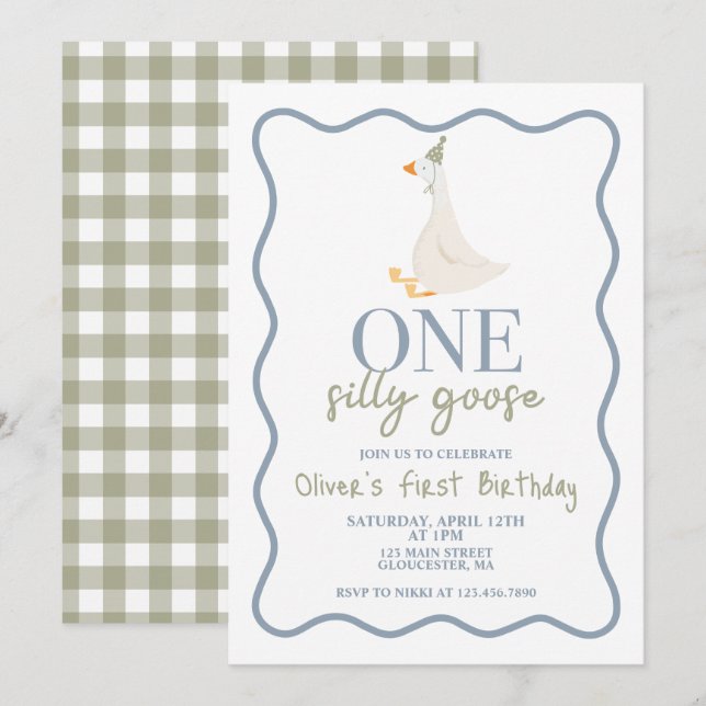 Ett Fånig Goose blue och grönt Inbjudningar (Fram/baksida)