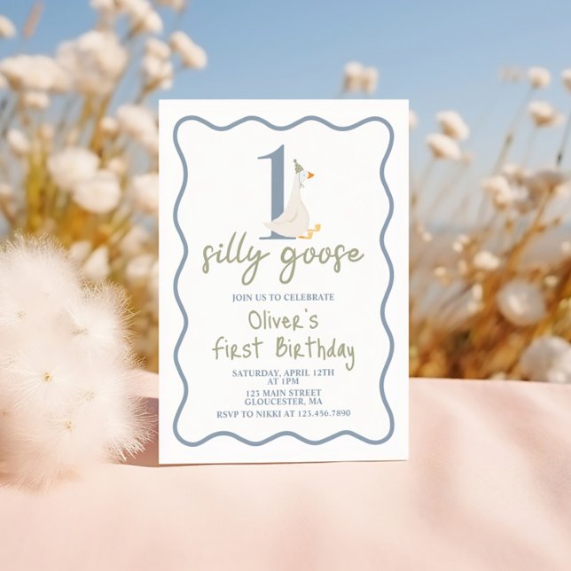 Ett Fånig Goose blue och grönt Inbjudningar (Skapare uppladdad)