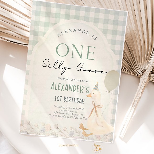 Ett Fånig Goose Boy 1:a födelsedagen Inbjudningar (one silly goose birthday, silly goose 1st birthday, goose birthday invite, boy first birthday, funny)