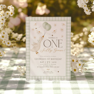 Ett Fånig Goose Boys 1st Birthday Sage Gingham Inbjudningar